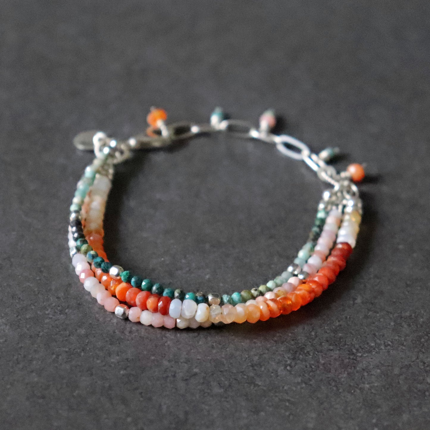 Boho Colourful Multi-Strand Bracelet with Mexican Fire Opal, Pink Opal & Chrysocolla