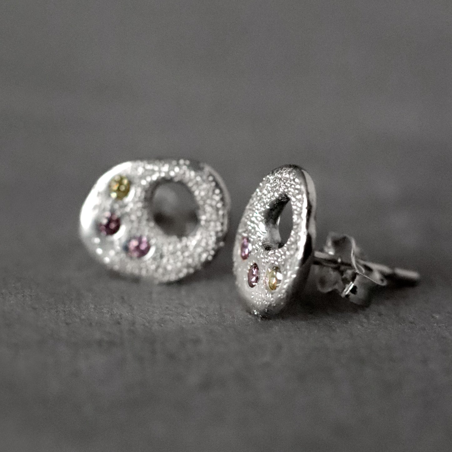 Organic Pebble stud Earrings with Tiny CZ Trio