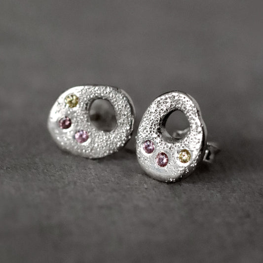 Organic Pebble stud Earrings with Tiny CZ Trio