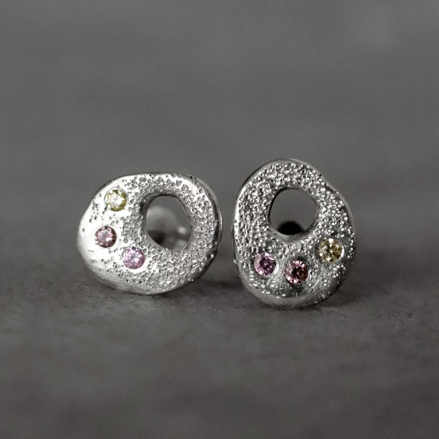 Organic Pebble stud Earrings with Tiny CZ Trio