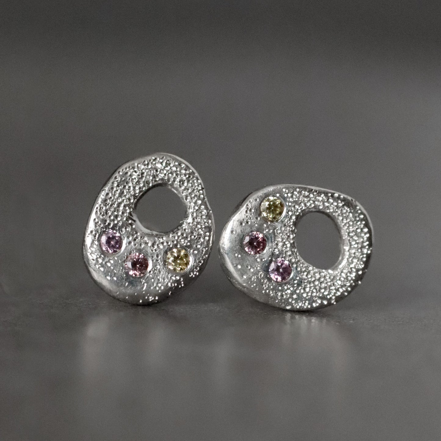 Organic Pebble stud Earrings with Tiny CZ Trio