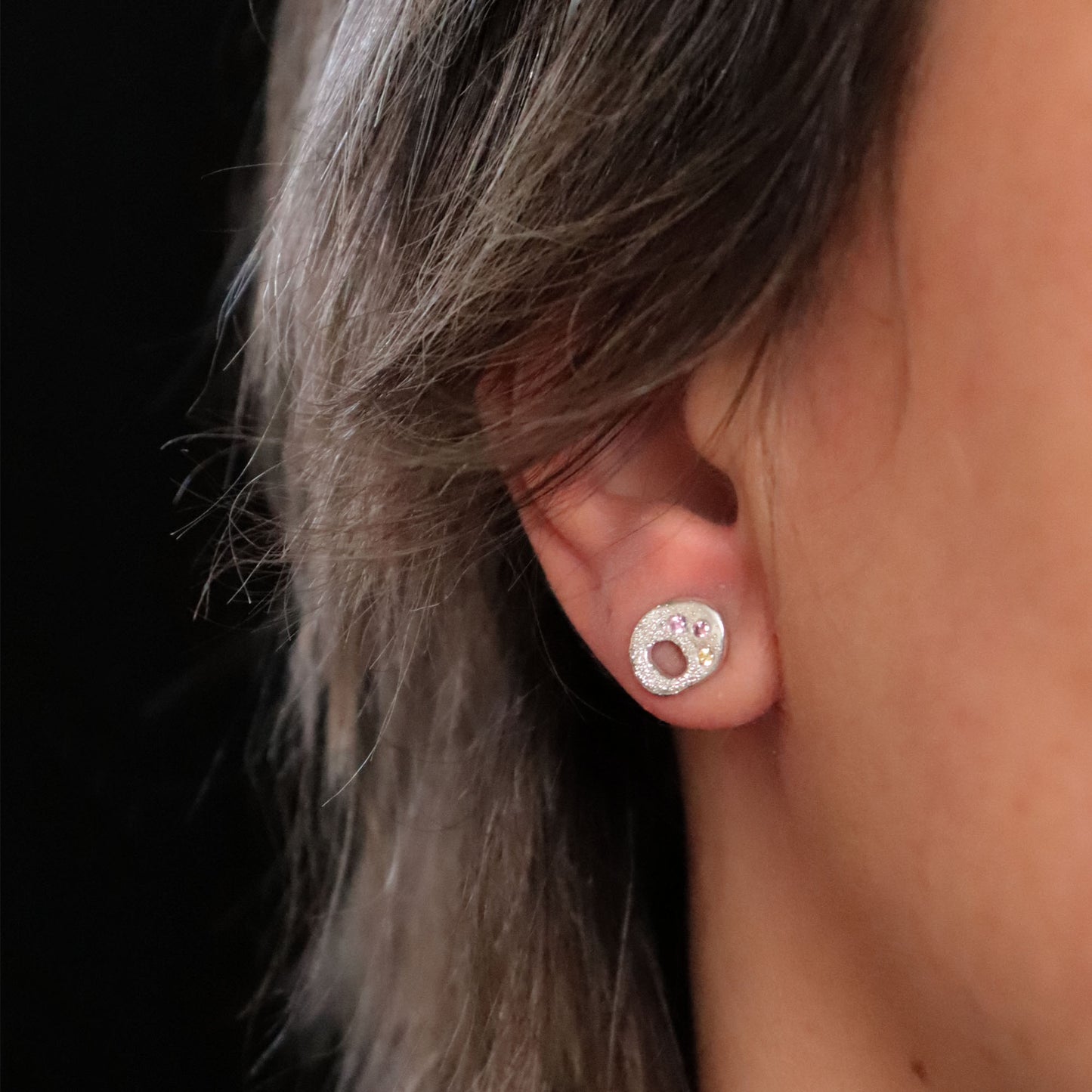 Organic Pebble stud Earrings with Tiny CZ Trio