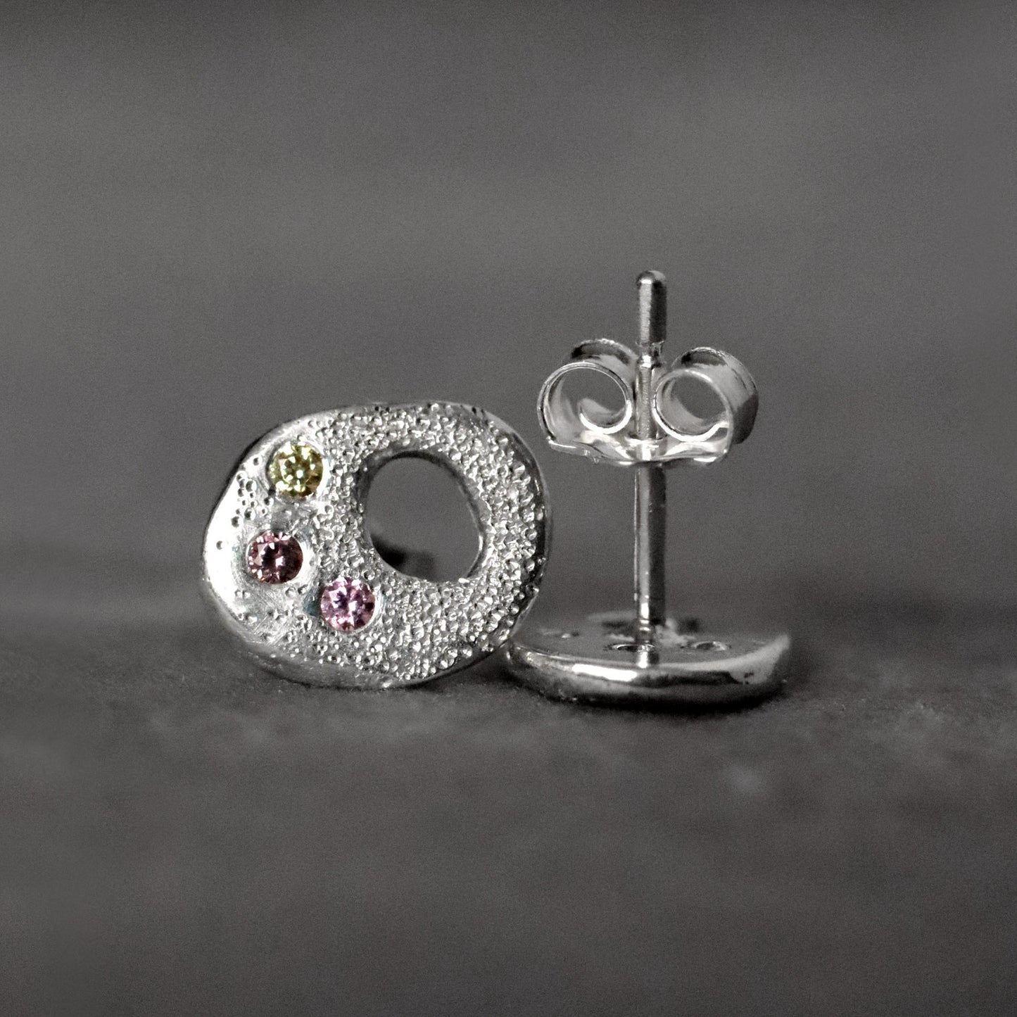 Organic Pebble stud Earrings with Tiny CZ Trio