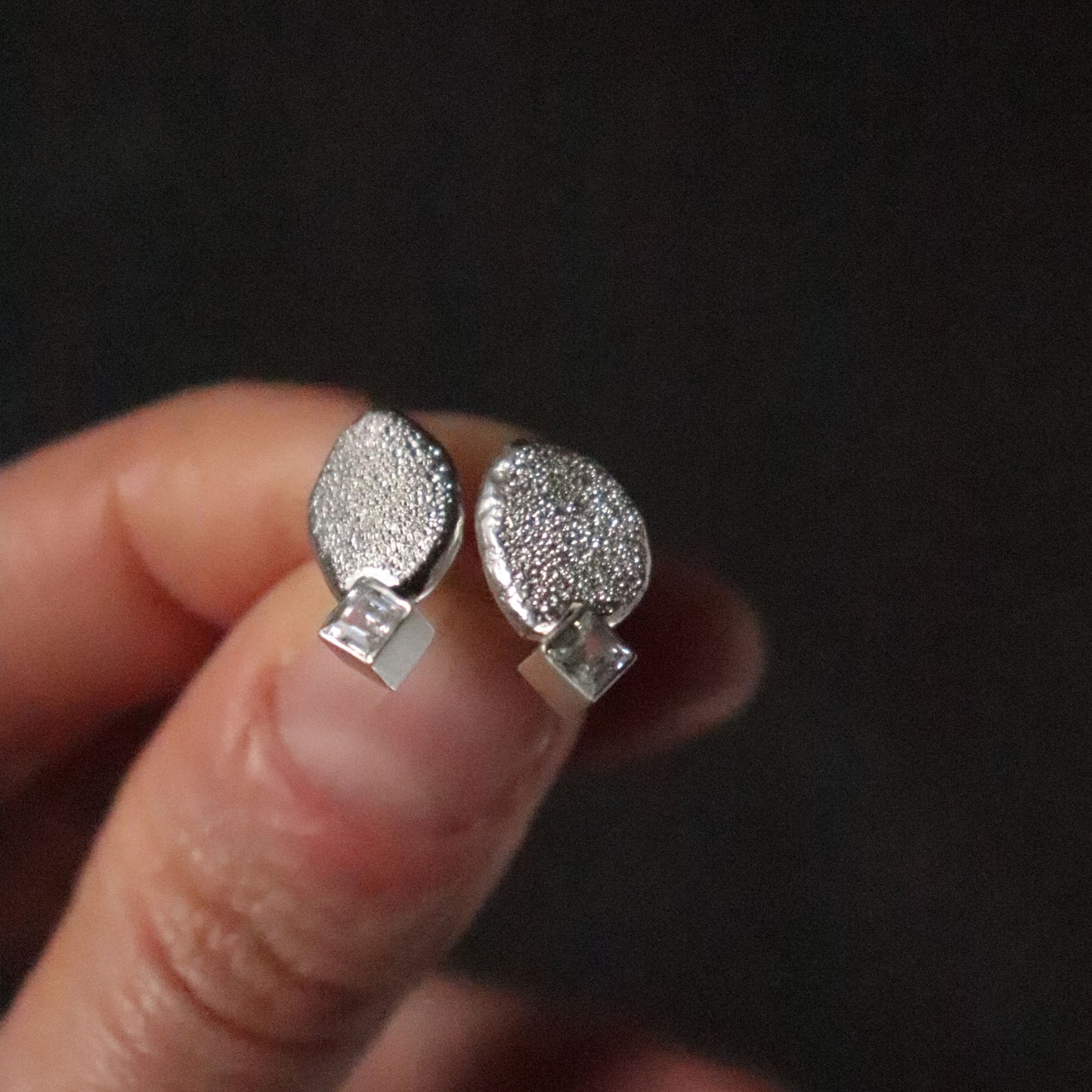 Textured Pebble Stud Earrings with Square Cubic Zirconia