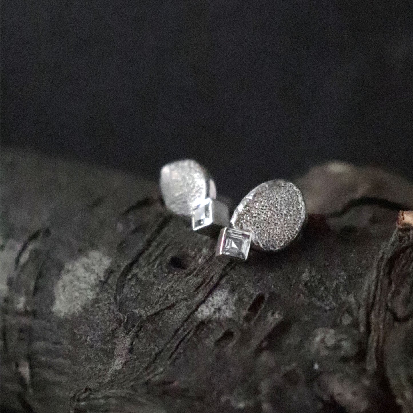 Textured Pebble Stud Earrings with Square Cubic Zirconia