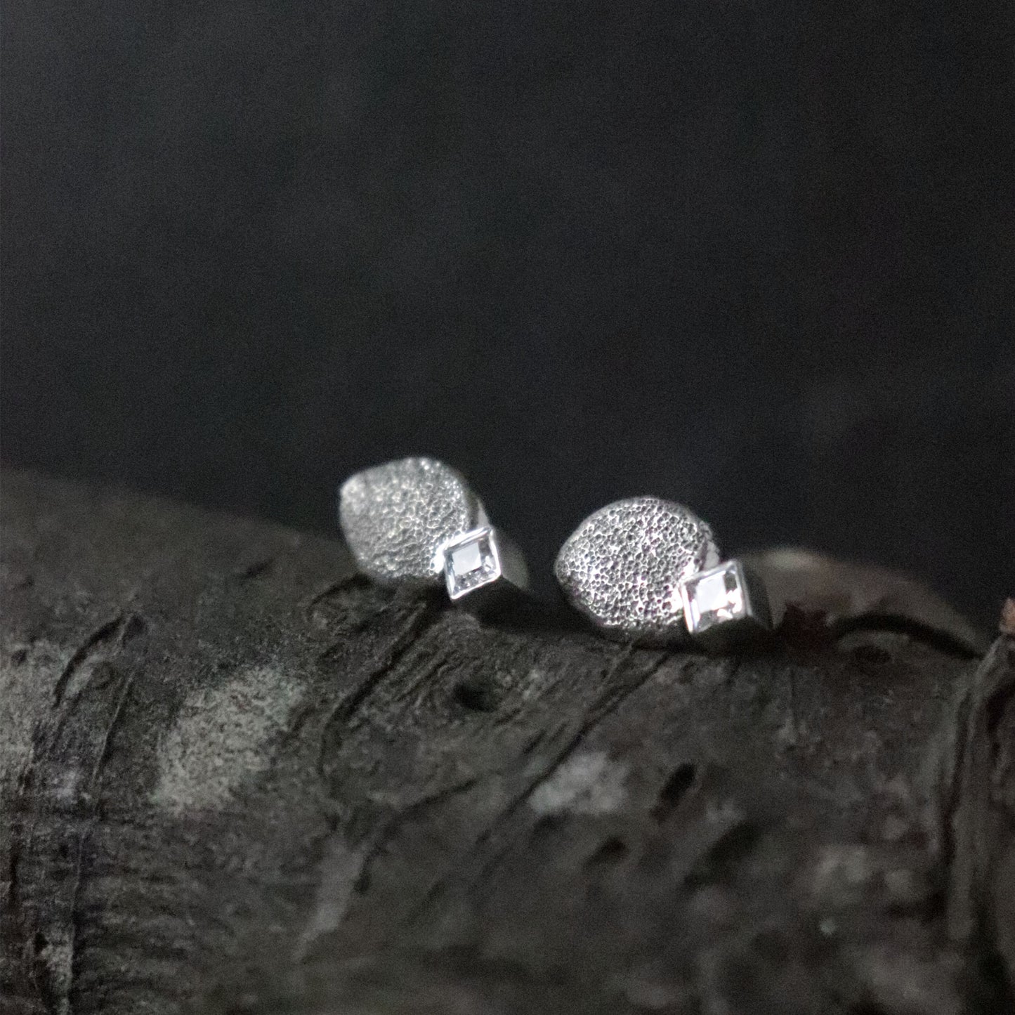 Textured Pebble Stud Earrings with Square Cubic Zirconia