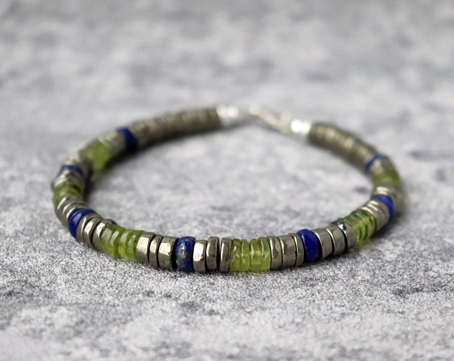 Peridot, Pyrite and Lapis Lazuli Unisex Bracelet, August Birthstone