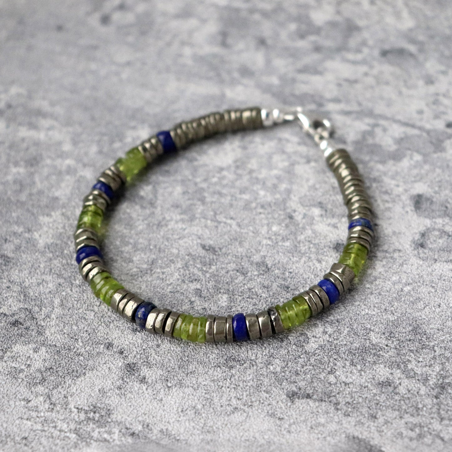 Peridot, Pyrite and Lapis Lazuli Unisex Bracelet, August Birthstone