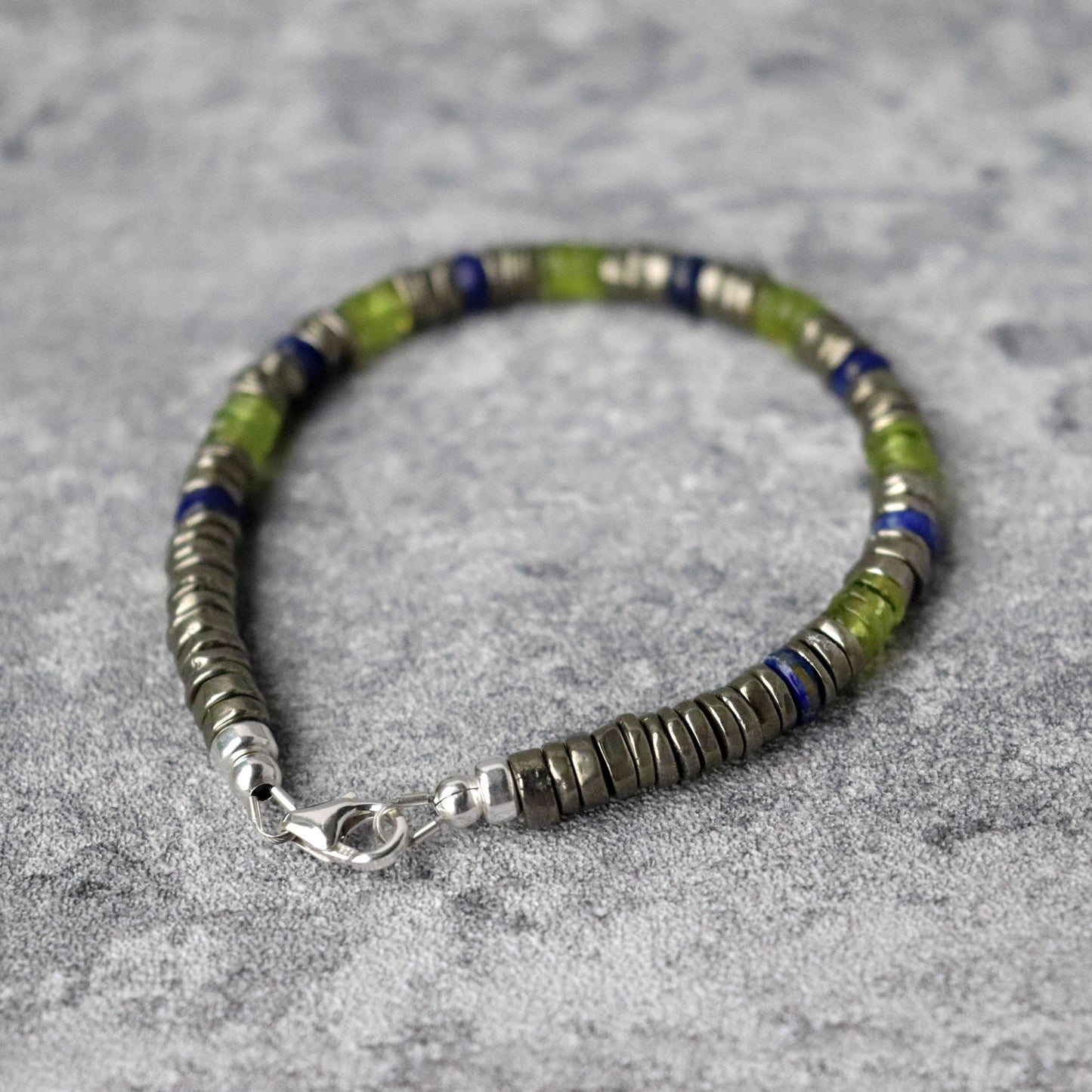 Peridot, Pyrite and Lapis Lazuli Unisex Bracelet, August Birthstone