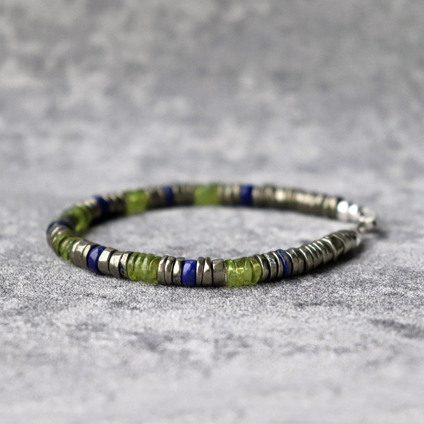 Peridot, Pyrite and Lapis Lazuli Unisex Bracelet, August Birthstone