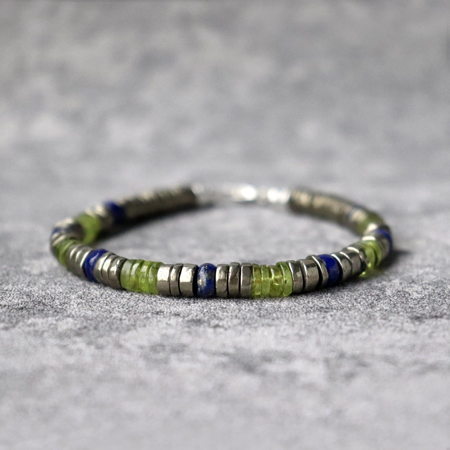 Peridot, Pyrite and Lapis Lazuli Unisex Bracelet, August Birthstone