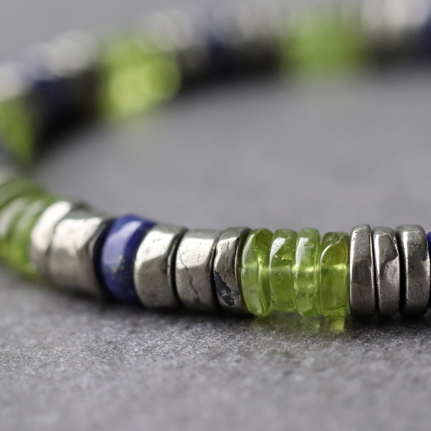 Peridot, Pyrite and Lapis Lazuli Unisex Bracelet, August Birthstone