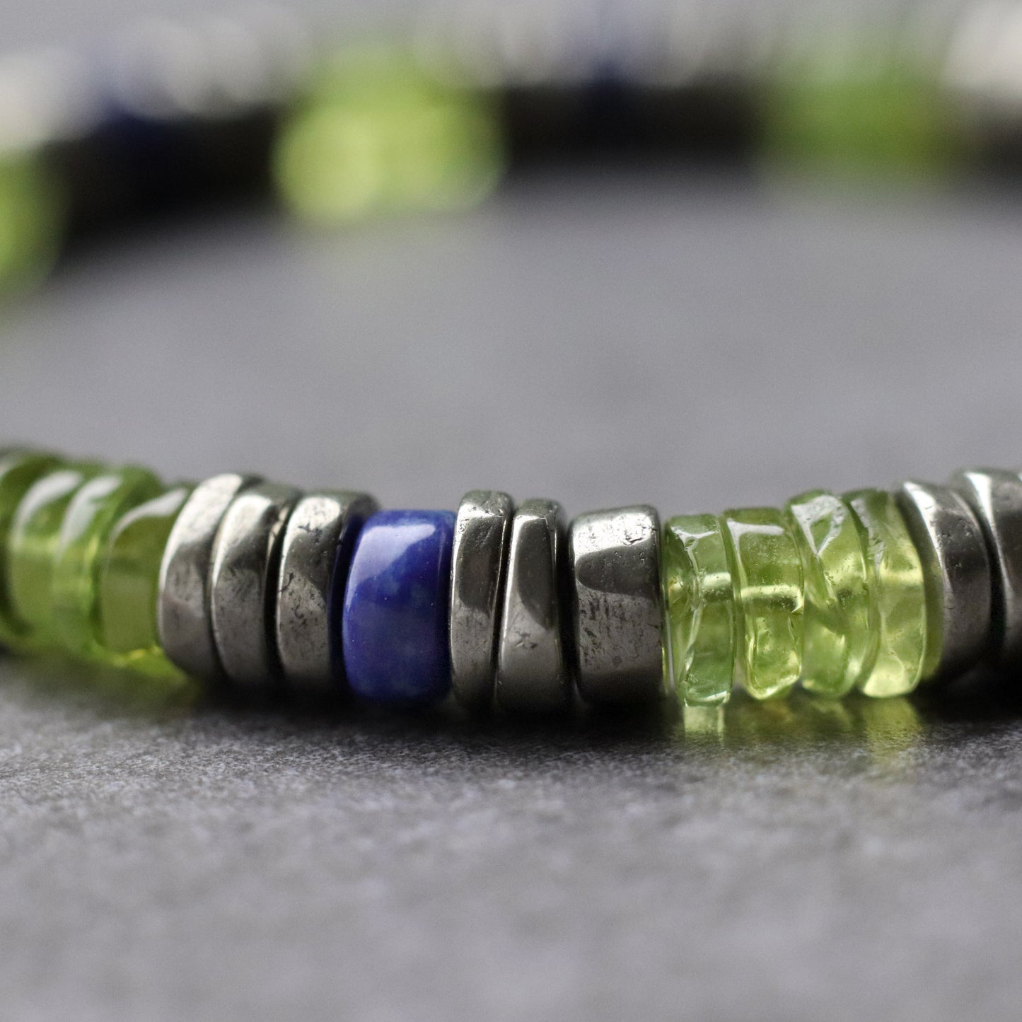 Peridot, Pyrite and Lapis Lazuli Unisex Bracelet, August Birthstone