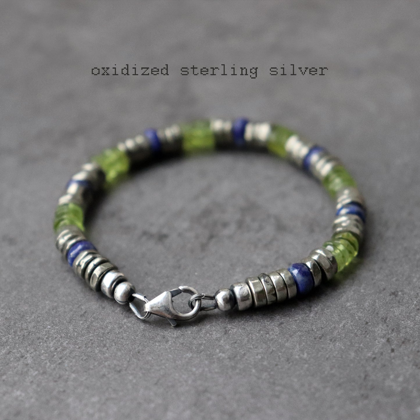 Peridot, Pyrite and Lapis Lazuli Unisex Bracelet, August Birthstone