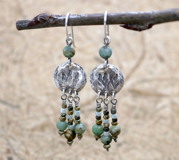 Stamped Leaf Boho Style Earrings with African Turquoise