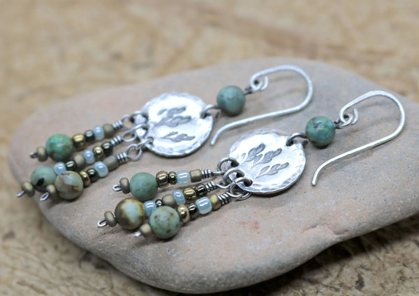 Stamped Leaf Boho Style Earrings with African Turquoise