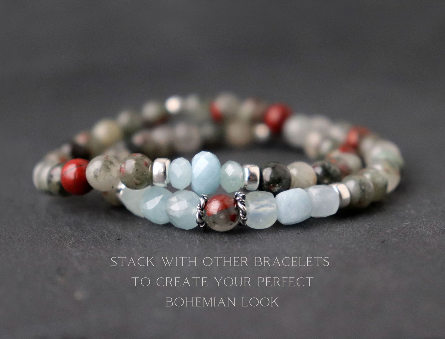 African Bloodstone and Aquamarine, March Birthstone Bracelet