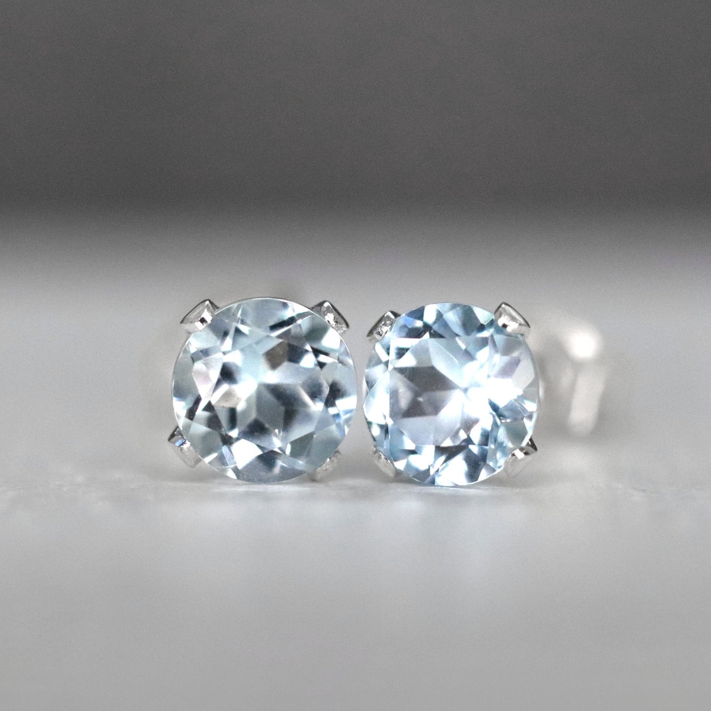 Faceted Aquamarine Stud Earrings, Pale Blue Stone Ear Studs