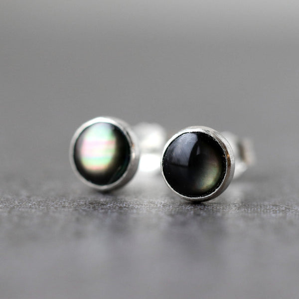 Black Mother Of Pearl Stud Earrings, Iridescent Black, White or Pink