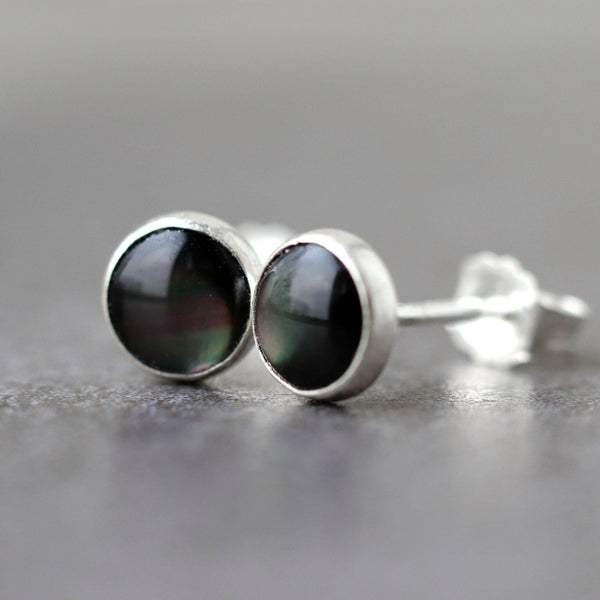 Black Mother Of Pearl Stud Earrings, Iridescent Black, White or Pink