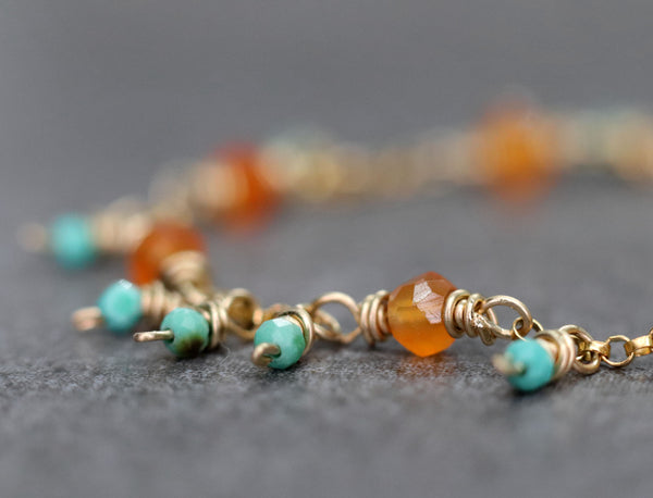 Carnelian and Turquoise Dainty Chain Bracelet