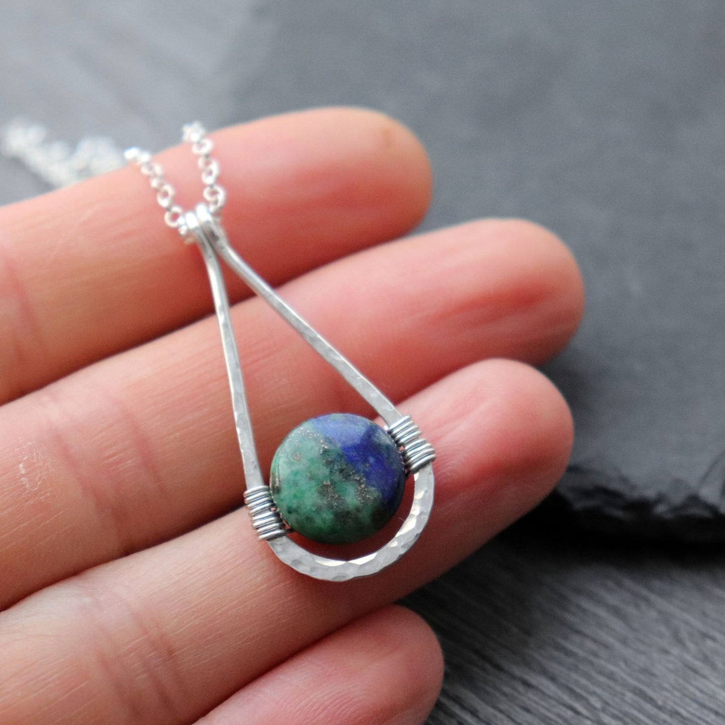 Chrysocolla Hammered Teardrop Pendant Necklace