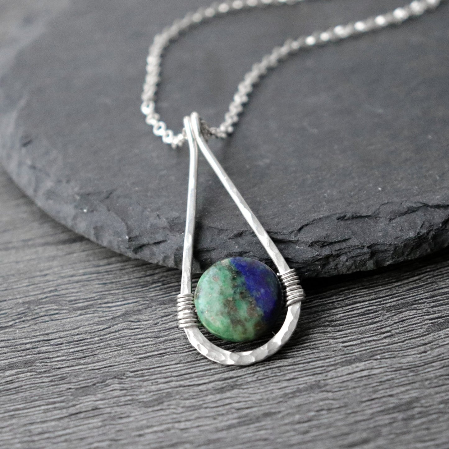 Chrysocolla Hammered Teardrop Pendant Necklace