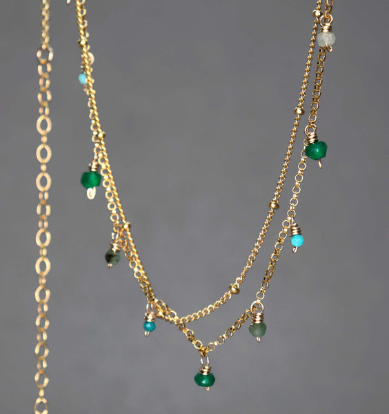 Emerald, Green Onyx and Turquoise Double Chain Necklace