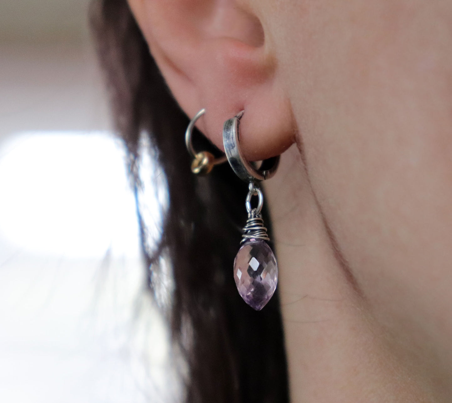 Pink Amethyst Dew Drop Hoop Earrings