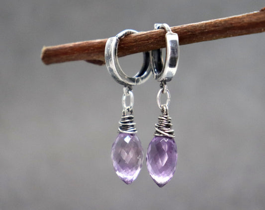 Pink Amethyst Dew Drop Hoop Earrings