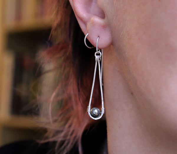 Long Hammered Teardrop Pyrite Earrings