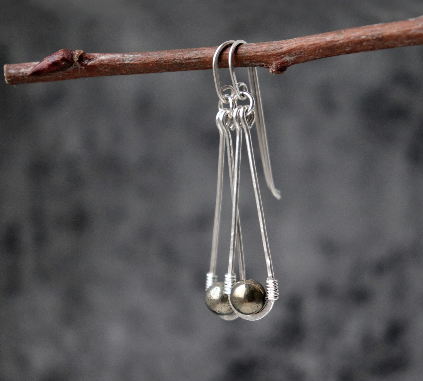 Long Hammered Teardrop Pyrite Earrings