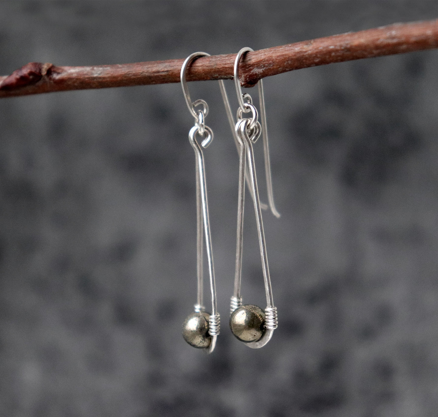 Long Hammered Teardrop Pyrite Earrings