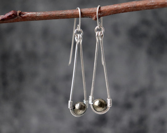 Long Hammered Teardrop Pyrite Earrings