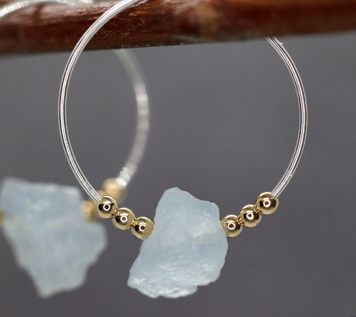 Raw Aquamarine Hoop Earrings, Mixed Metal