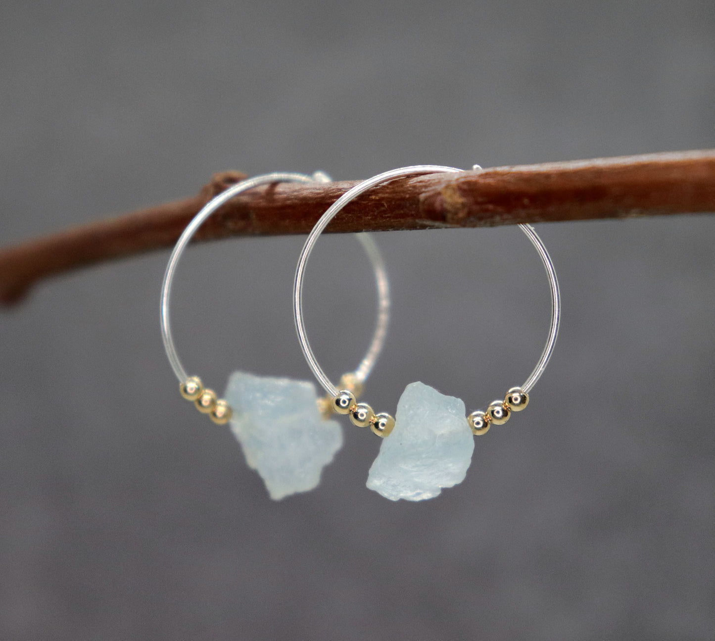 Raw Aquamarine Hoop Earrings, Mixed Metal