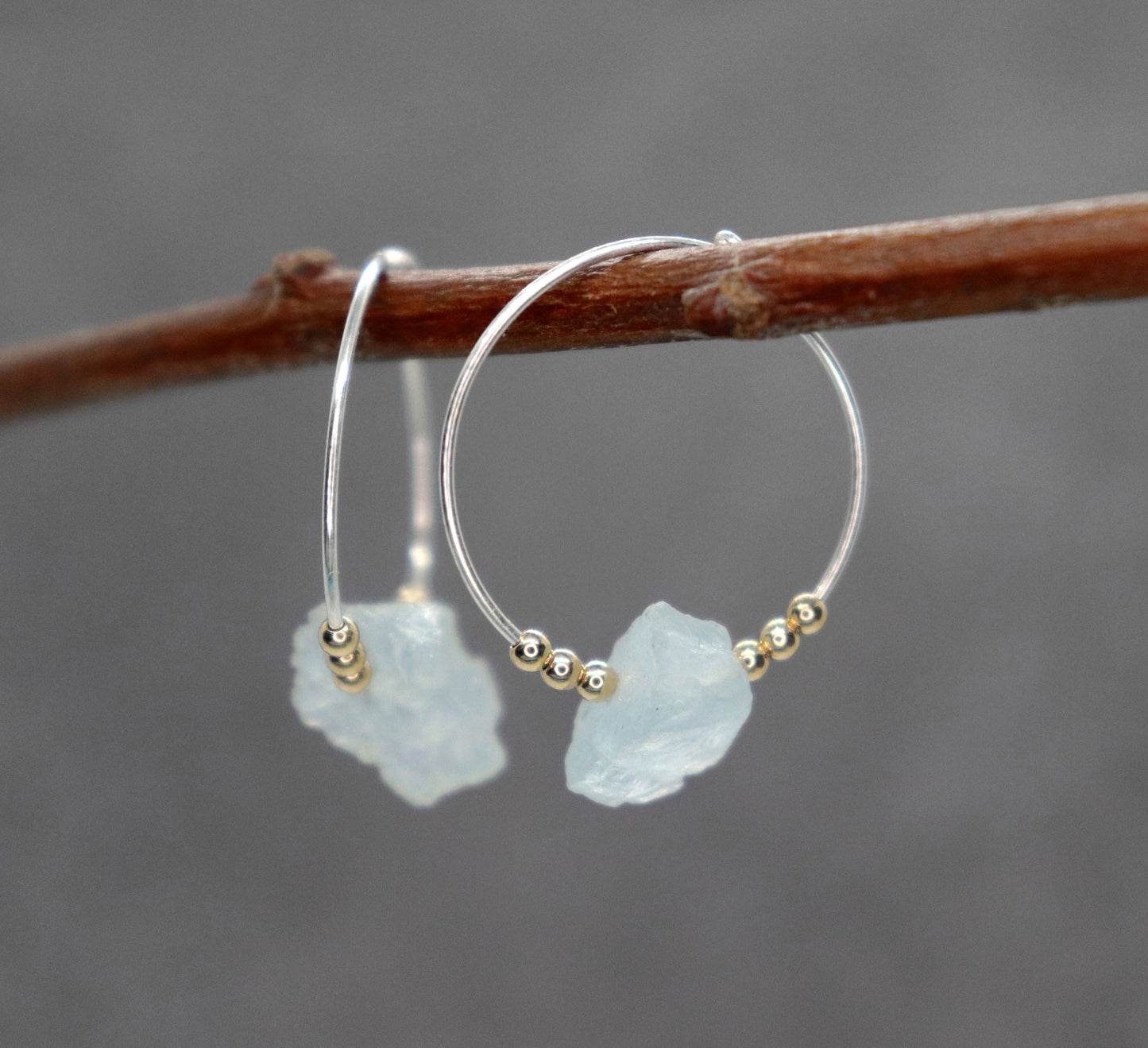 Raw Aquamarine Hoop Earrings, Mixed Metal