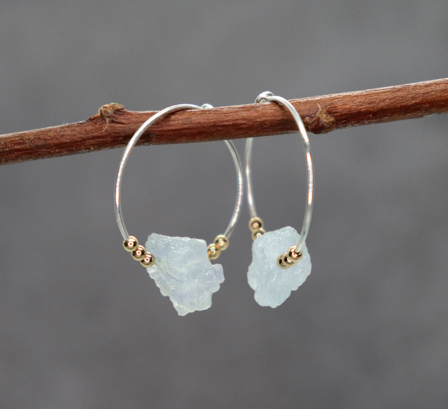 Raw Aquamarine Hoop Earrings, Mixed Metal