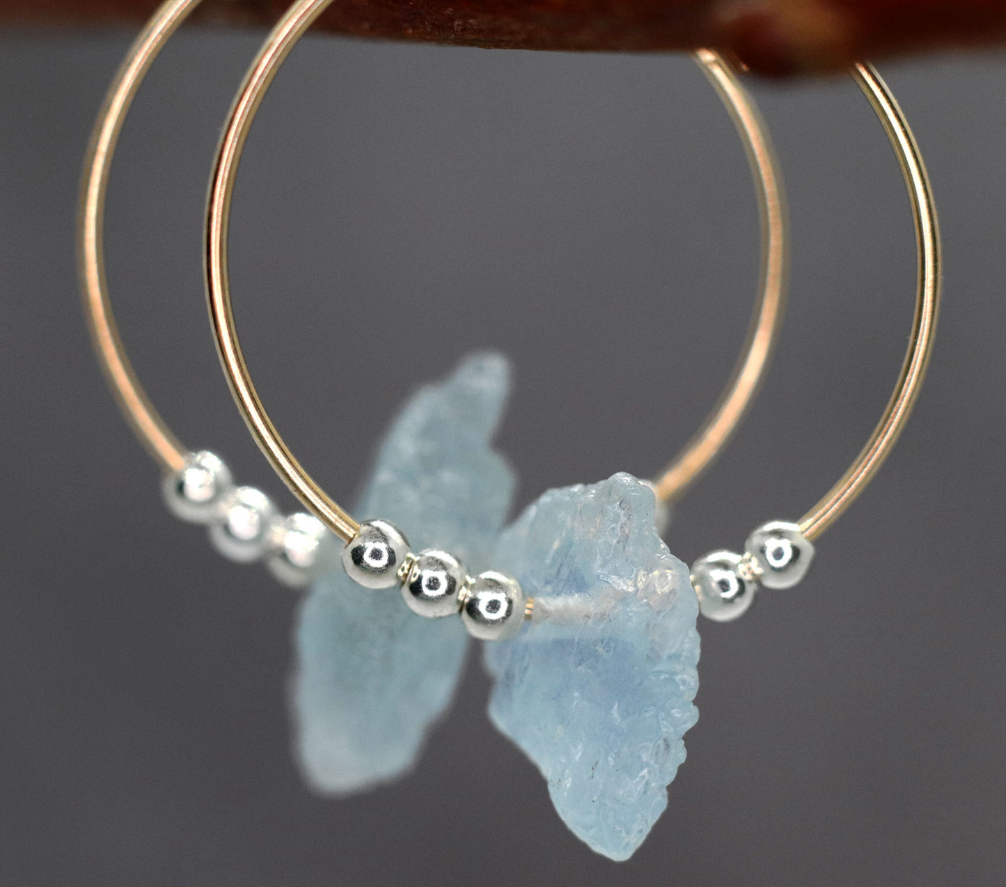 Raw Aquamarine Hoop Earrings, Mixed Metal