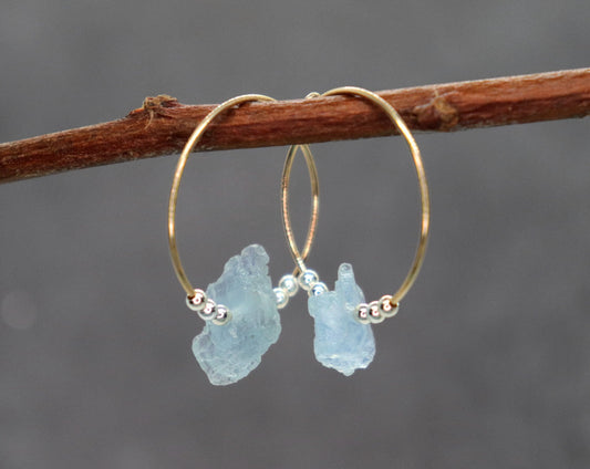 Raw Aquamarine Hoop Earrings, Mixed Metal