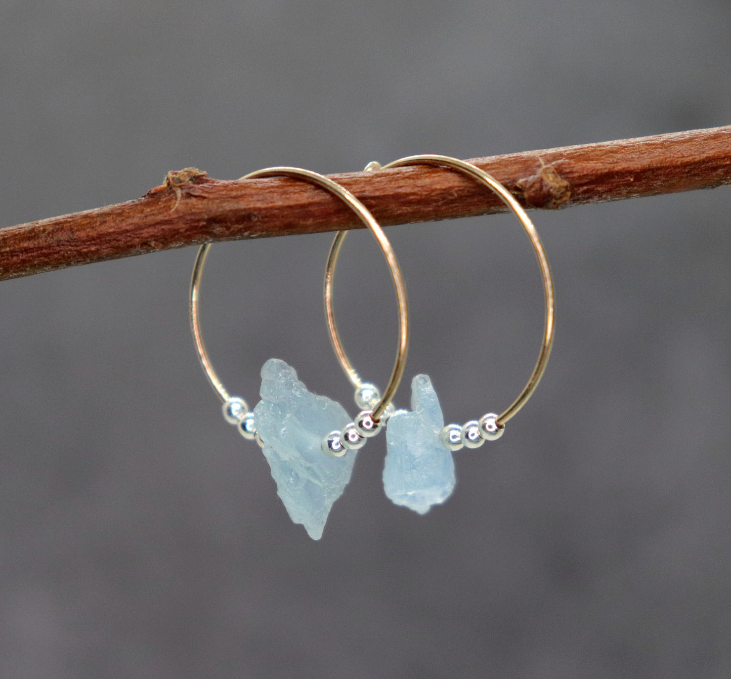 Raw Aquamarine Hoop Earrings, Mixed Metal