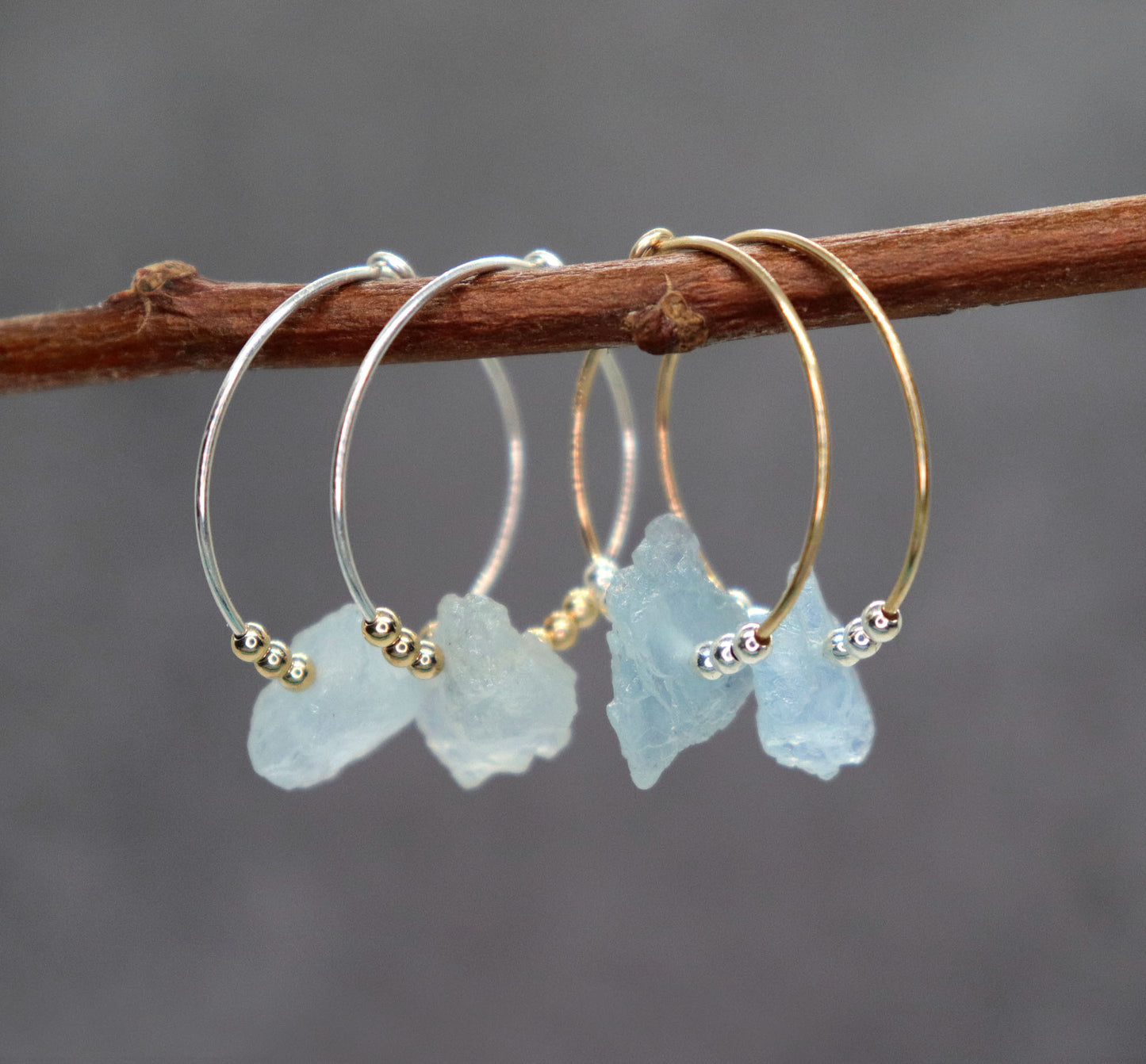 Raw Aquamarine Hoop Earrings, Mixed Metal