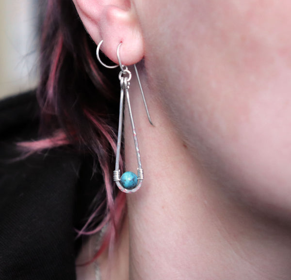 Long Hammered Teardrop Turquoise Earrings