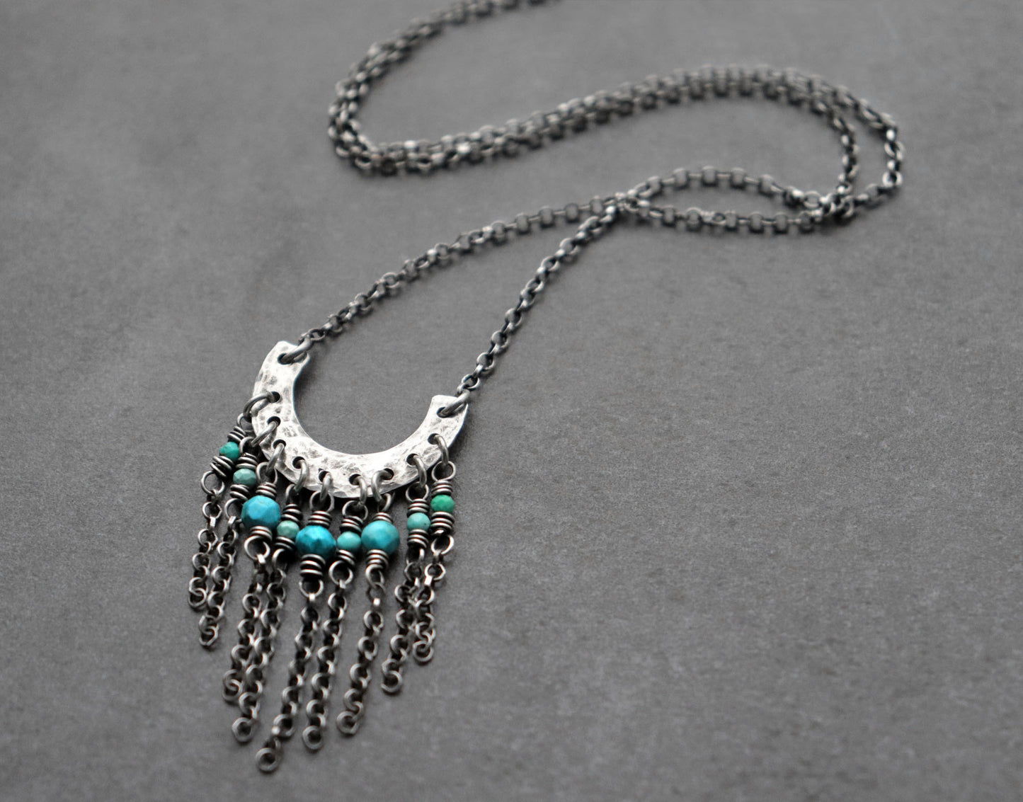 Turquoise Fringe Necklace, Hammered Crescent