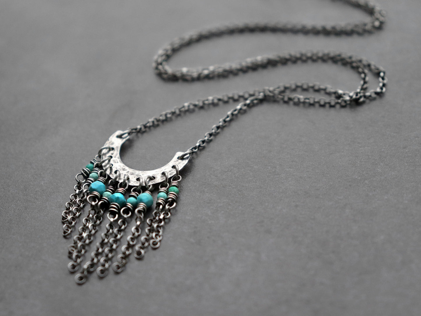 Turquoise Fringe Necklace, Hammered Crescent