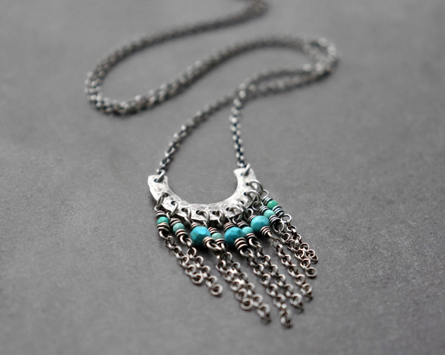 Turquoise Fringe Necklace, Hammered Crescent