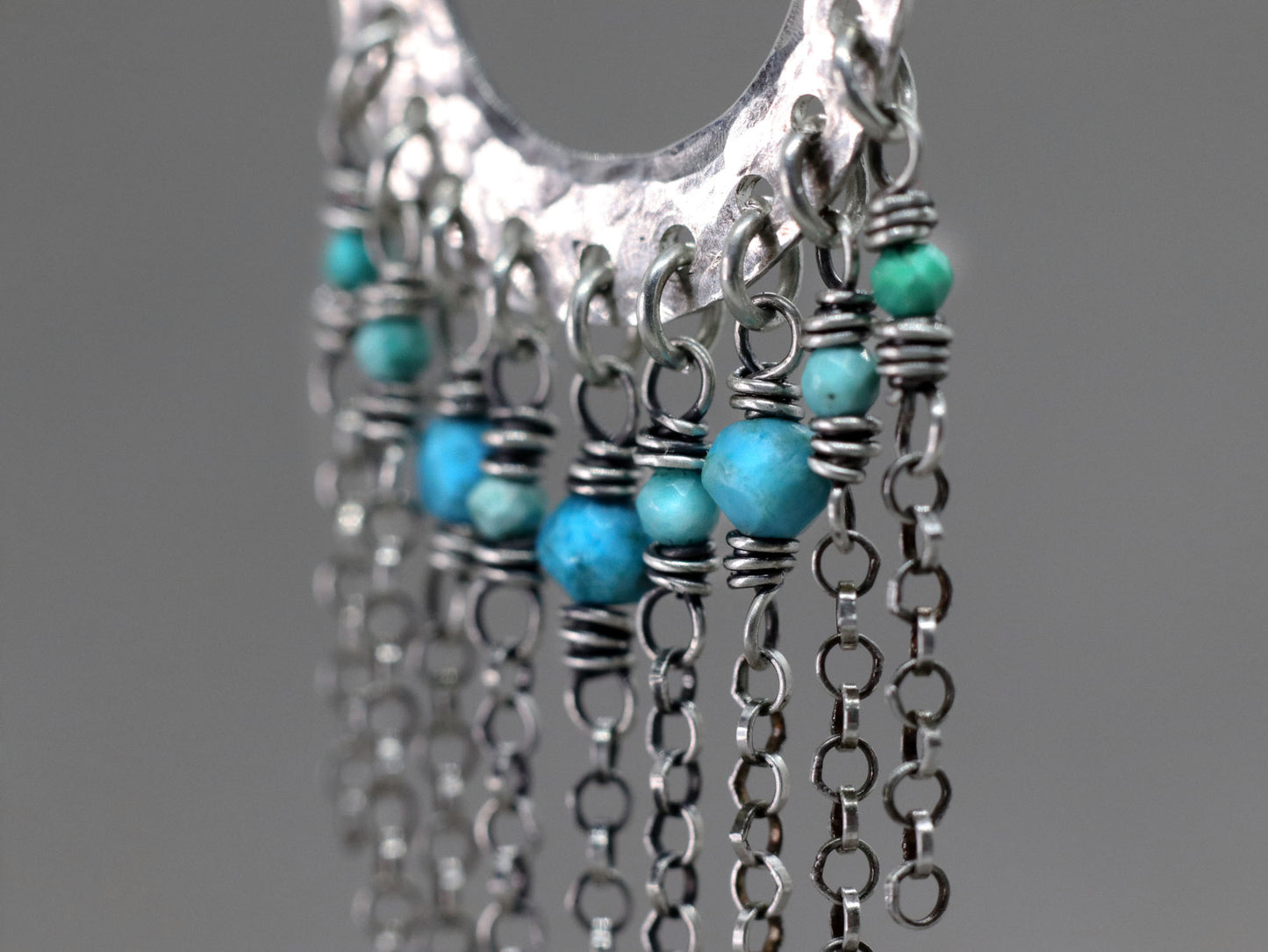 Turquoise Fringe Necklace, Hammered Crescent