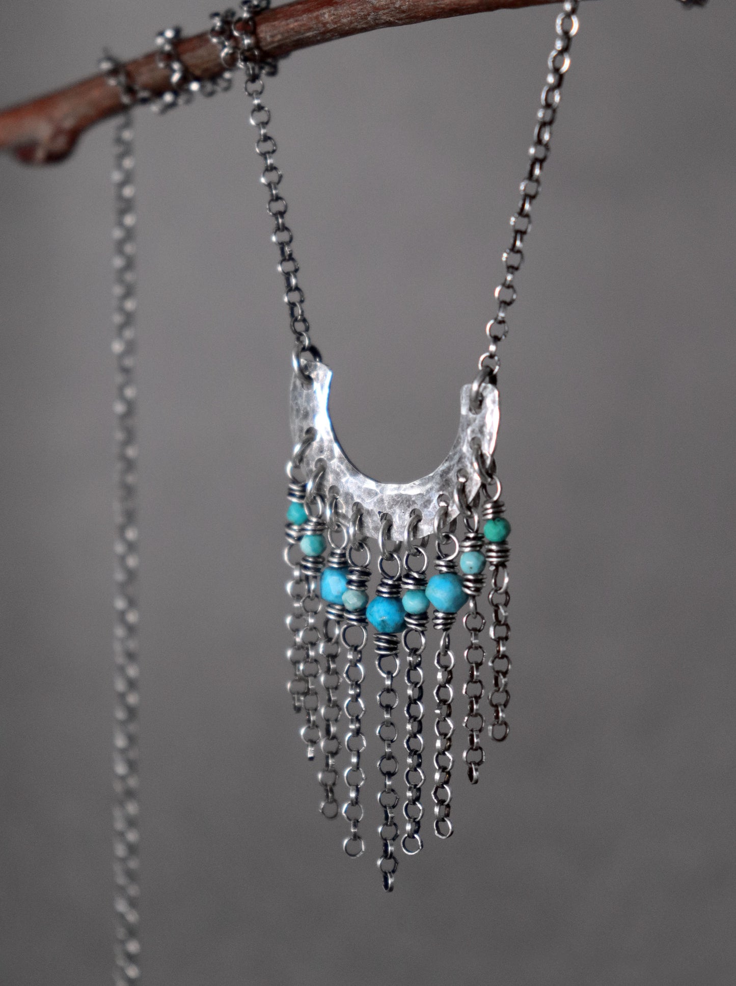 Turquoise Fringe Necklace, Hammered Crescent