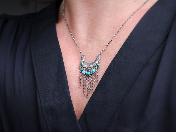 Turquoise Fringe Necklace, Hammered Crescent