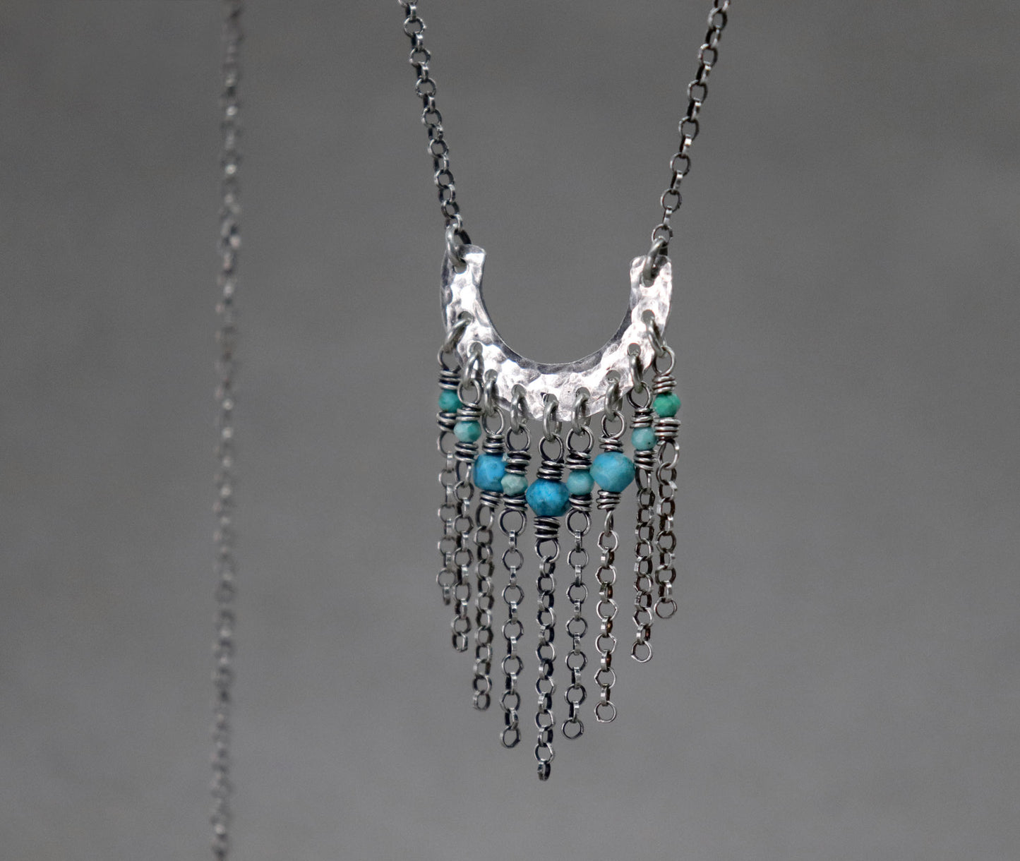 Turquoise Fringe Necklace, Hammered Crescent